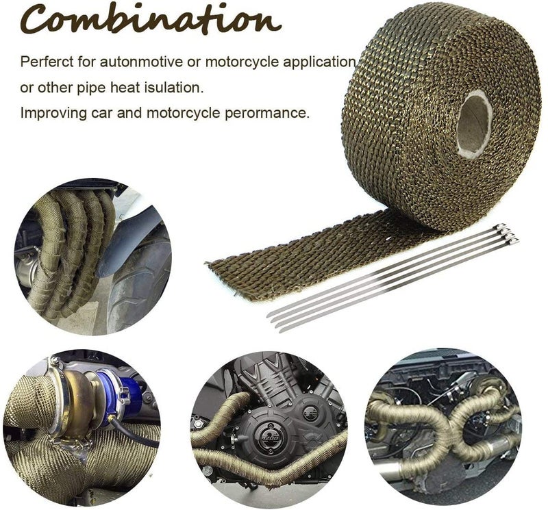 PACEWALKER Titanium Exhaust Wrap 1" x 16' Roll for Motorcycle Fiberglass Heat Shield Tape with Stainless Ties - Image 4